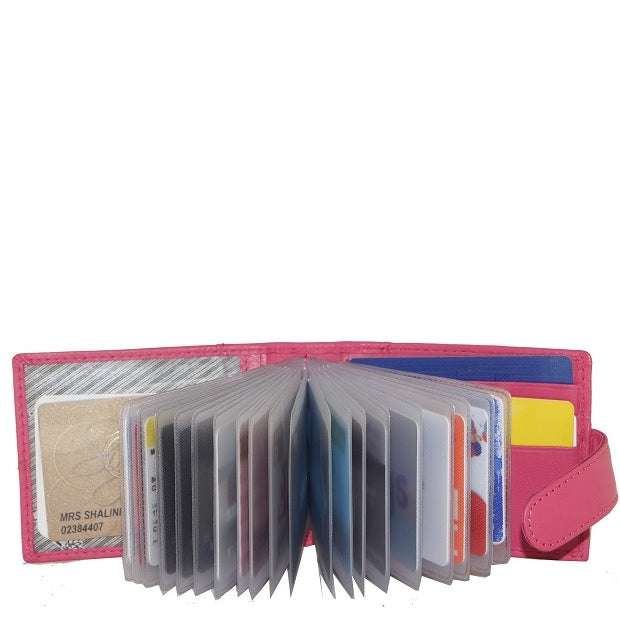 Pink leather card holder open view